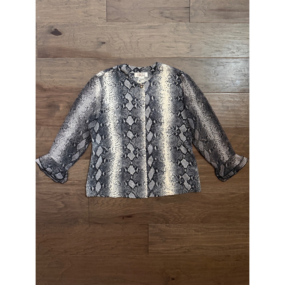 Celine Collection Gray Snakeskin Print Ruffle Cuff Button Front Blouse Top